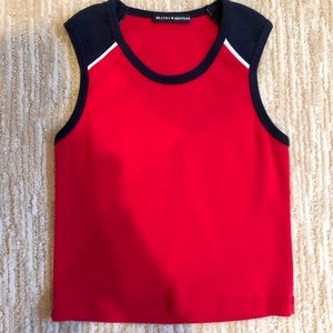 red tank with blue and white stripe